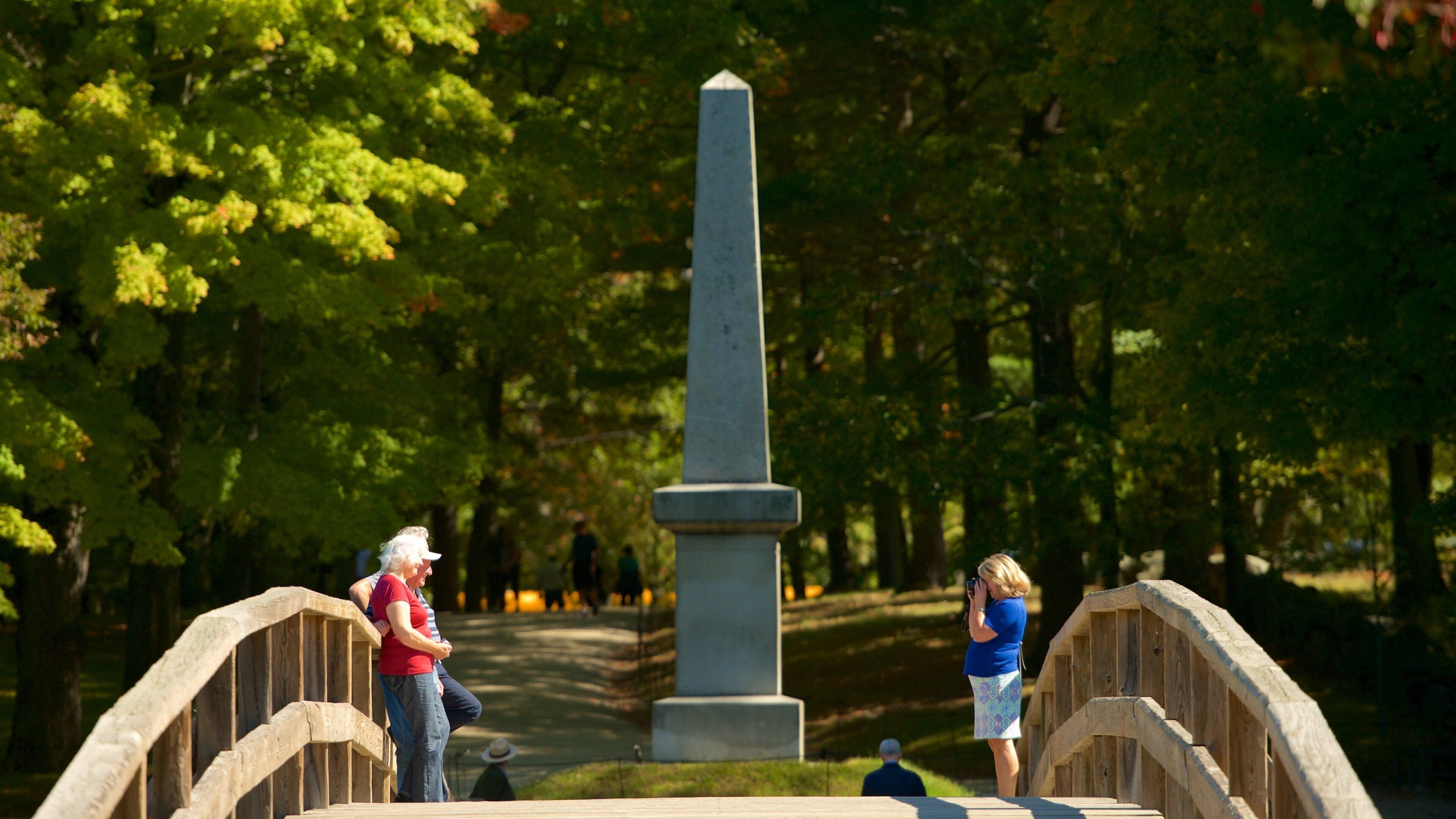 A park with a tall monument, wooden bridges, and lush green trees.