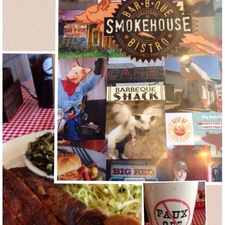 Great little BBQ place that is in Sebastopol, CA.  This pic shows their menu cover, a plate of ribs, coleslaw, cornbread & collard greens.  Oh, and the label on their sauce, which you can't make out very well but says faux que with the red line through it (sorry!)