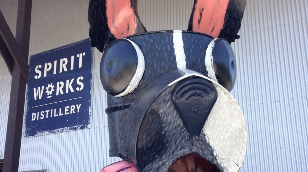Fun surfing dog in front of the Spirit Works Distillery in Sebastopol.