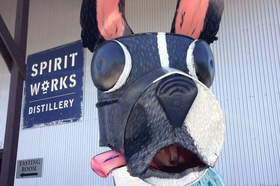 En maskot med ett svartvitt ansikte, stora ögon och rosa öron. I bakgrunden finns en skylt med texten ”Spirit Works Distillery” och en annan skylt som pekar mot ”Provningsrummet”.
