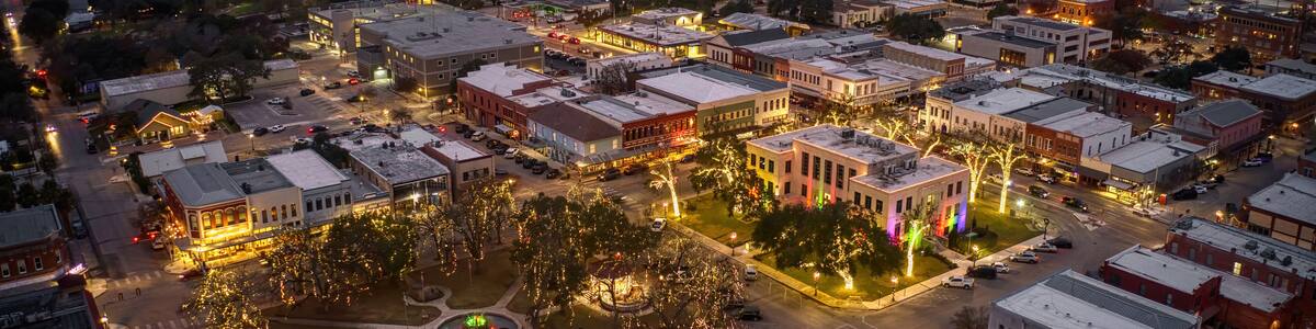 Aerial View of Seguin, Texas at Dusk during the Winter Holiday Season