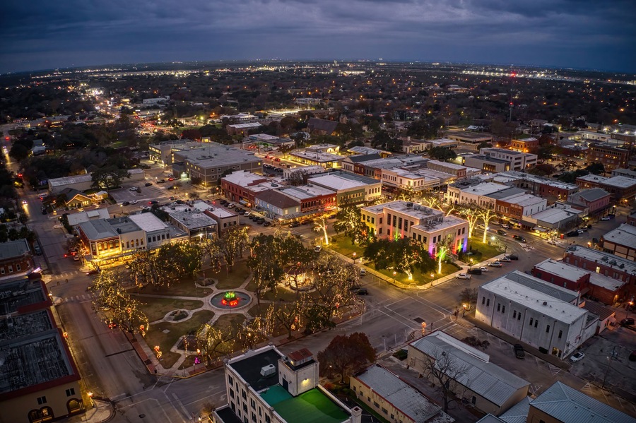 Aerial View of Seguin, Texas at Dusk during the Winter Holiday Season