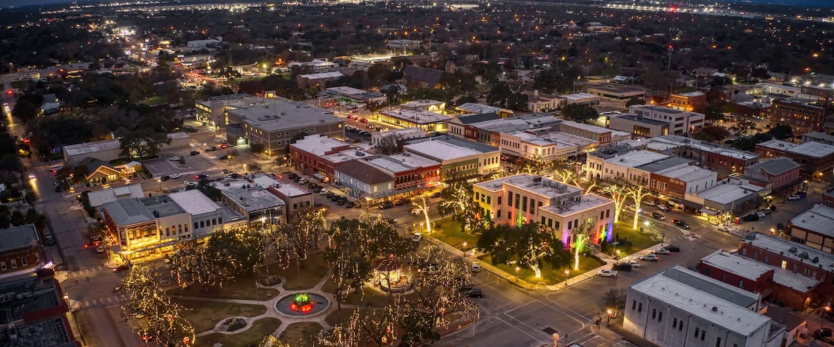 Aerial View of Seguin, Texas at Dusk during the Winter Holiday Season