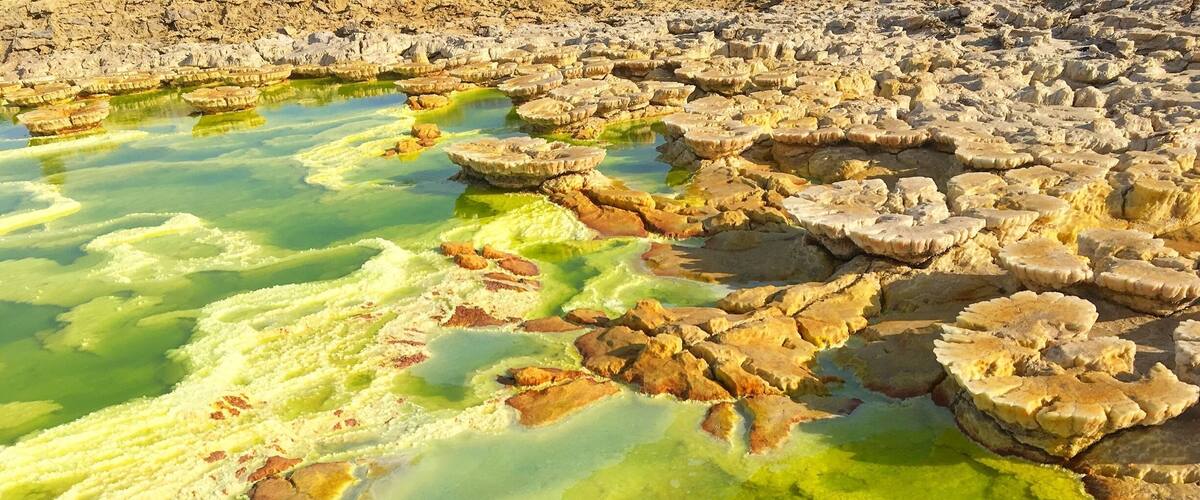 Stunning landscape of the Dallol area in the Danakil Depression that makes you feel you are on a different planet. The various salt formations are a result of the fumarolic activity of this volcanic land. The colors are due to different mineral compositions #danakildepression #dallol #ethiopia #africa #afar #green #patterns