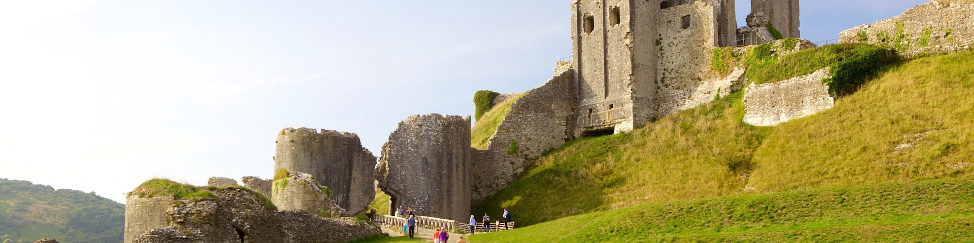 A historical castle with ruins on a grassy hill, a pathway leading up to it, and a clear sky.