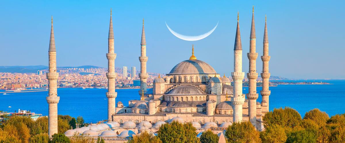 The Blue Mosque with crescent moon (new moon) -Sultanahmet, Istanbul, Turkey.