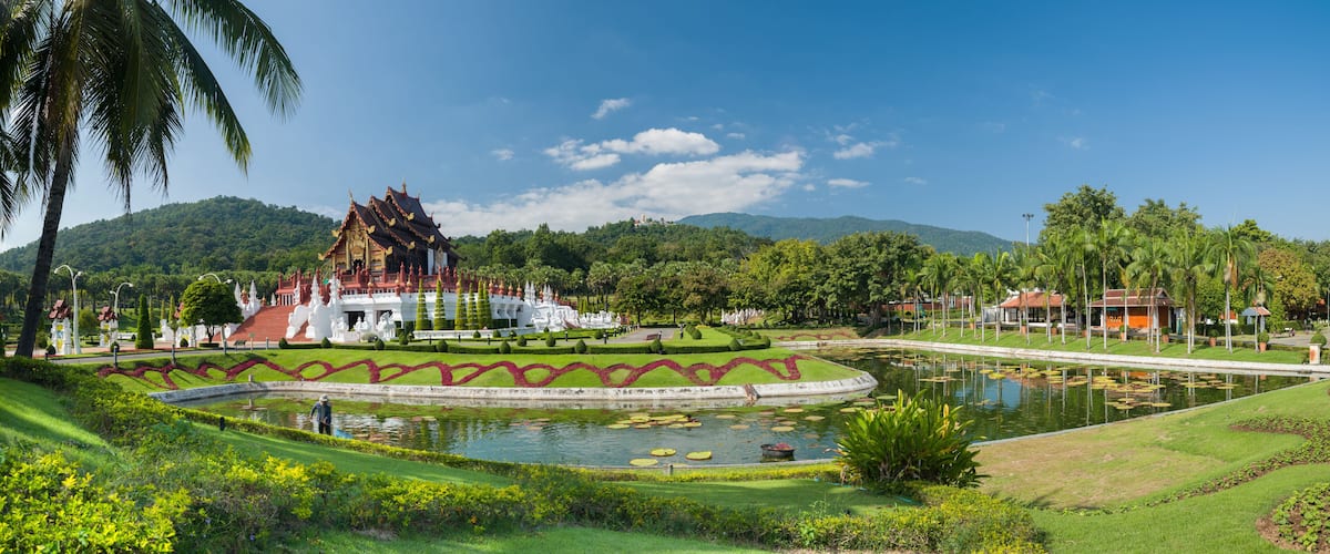Panoramic landscape view of the Royal Pavilion (Ho Kham Luang) in Rajapruek Royal Park near Chiang Mai. It is one of Thailand's most important tourist attractions.