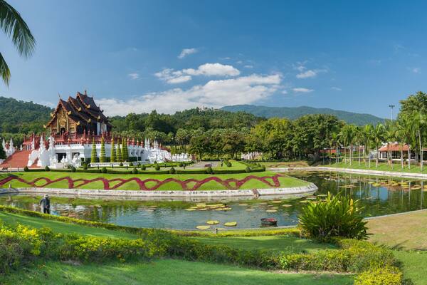 Panoramic landscape view of the Royal Pavilion (Ho Kham Luang) in Rajapruek Royal Park near Chiang Mai. It is one of Thailand's most important tourist attractions.