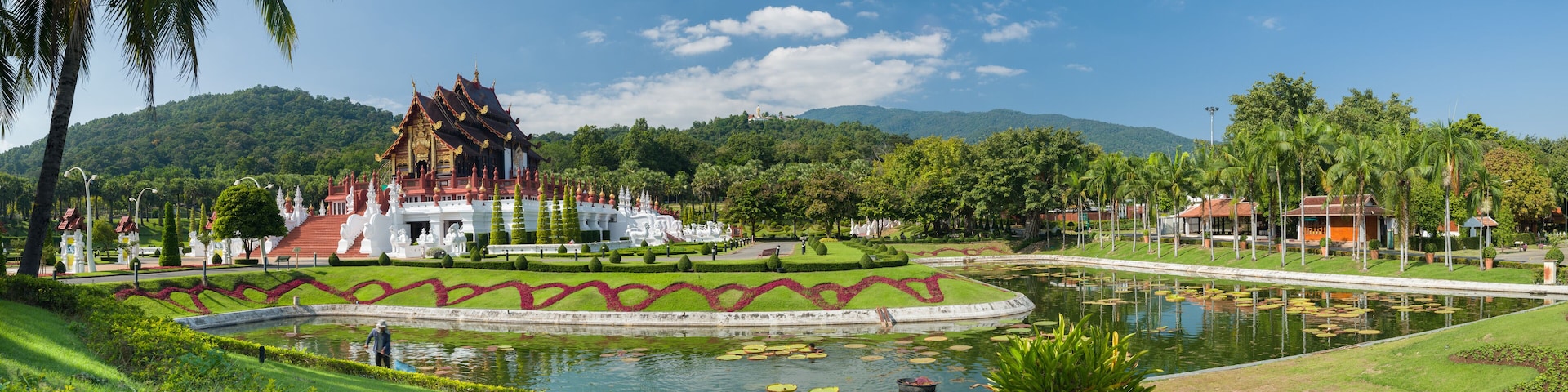Panoramic landscape view of the Royal Pavilion (Ho Kham Luang) in Rajapruek Royal Park near Chiang Mai. It is one of Thailand's most important tourist attractions.