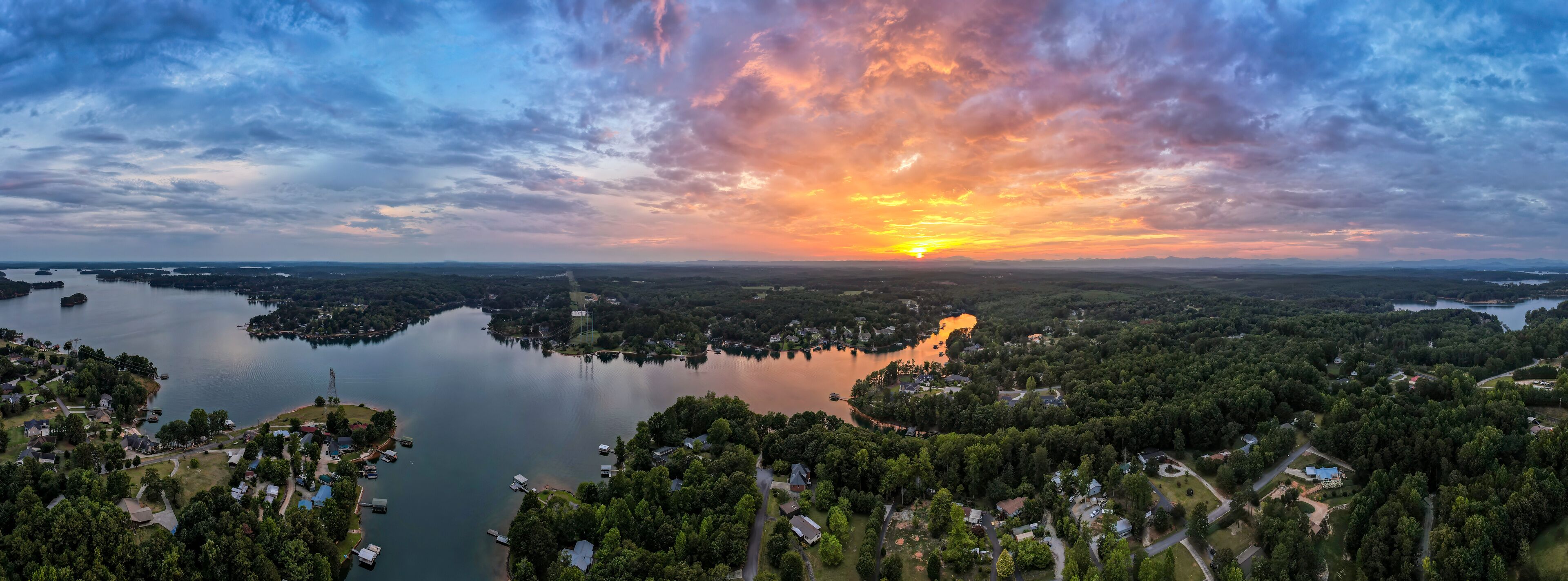 Sunset at Lake Keowee , Aerial Panorama - Seneca, South Carolina - July 2024