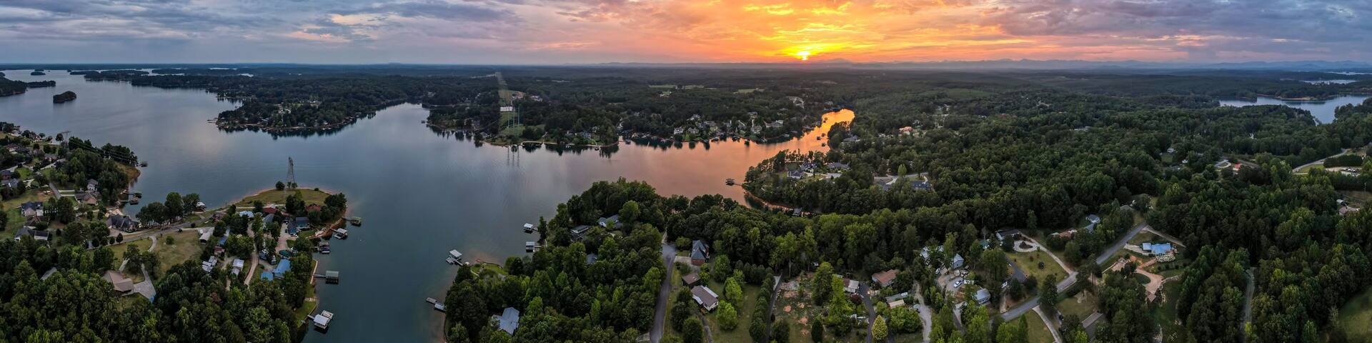 Sunset at Lake Keowee , Aerial Panorama - Seneca, South Carolina - July 2024