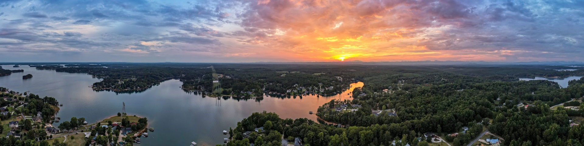 Sunset at Lake Keowee , Aerial Panorama - Seneca, South Carolina - July 2024
