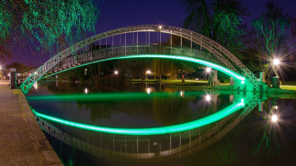 A green-lit bridge over a calm body of water at night.