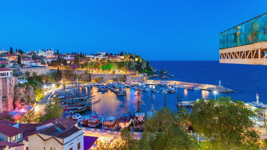 Beautiful sunset, marina in old town Kaleici district, Antalya, Turkey