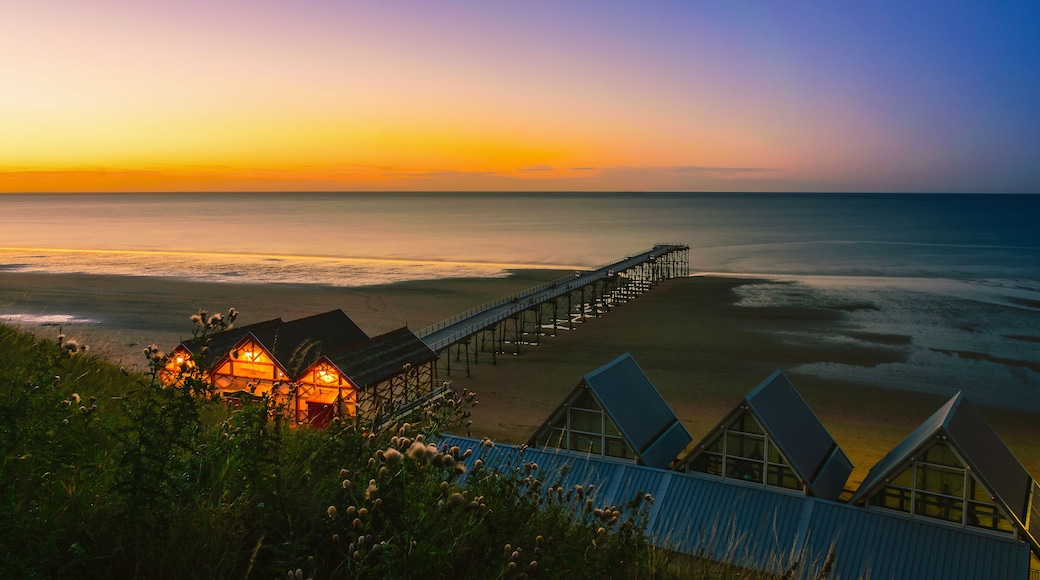 Clifftop view of Pier at sunset of Saltburn by the Sea, North Yorkshire, UK