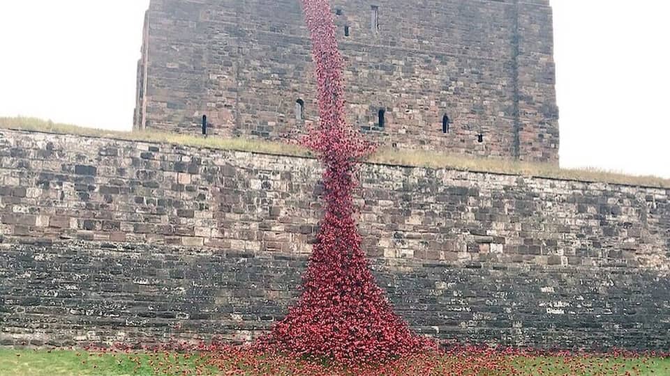 A castle with a red flower installation in front.