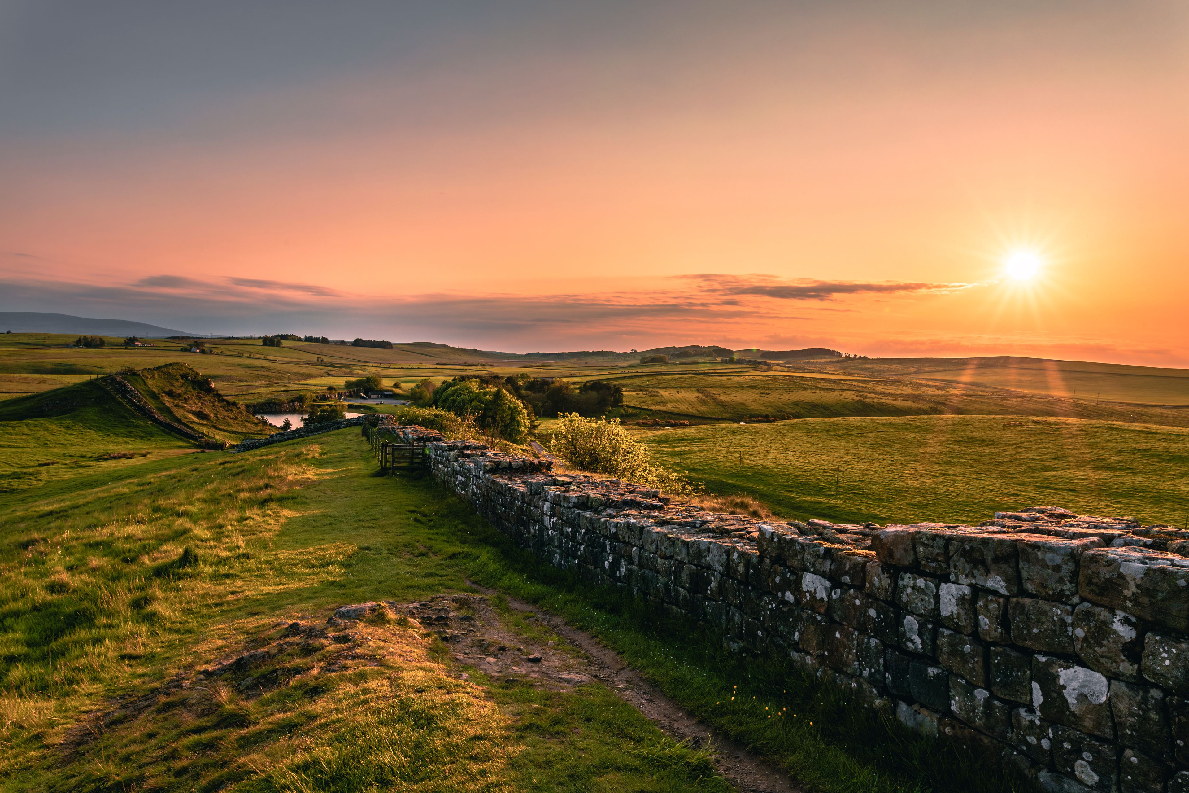 The view of the Hadrian's Wall in the sunset near Cawfield Quarry