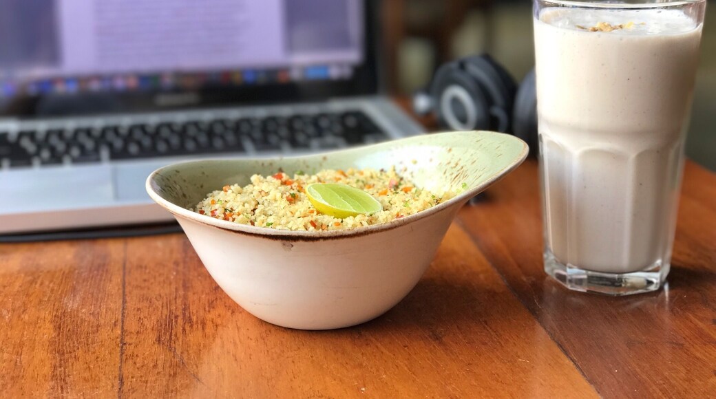 My go-to spot to "work from home" in Mumbai. Free wifi, large glass windows for people watching, lots of vegan options (I love the vegan cheese pizza, the couscous upma, the banana walnut soy milk smoothie and the raw cacao ice cream), and an ambiance that inspires creativity!
#mumbai #india #vegan #food #theshootingstar