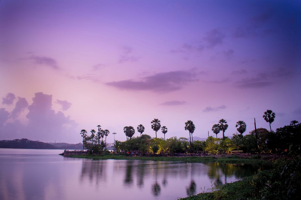 A calm lake at dusk with palm trees and a park in the foreground.