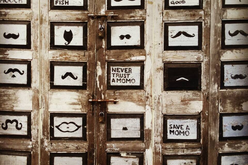 A door with multiple compartments, each containing a mustache drawing and a sign.