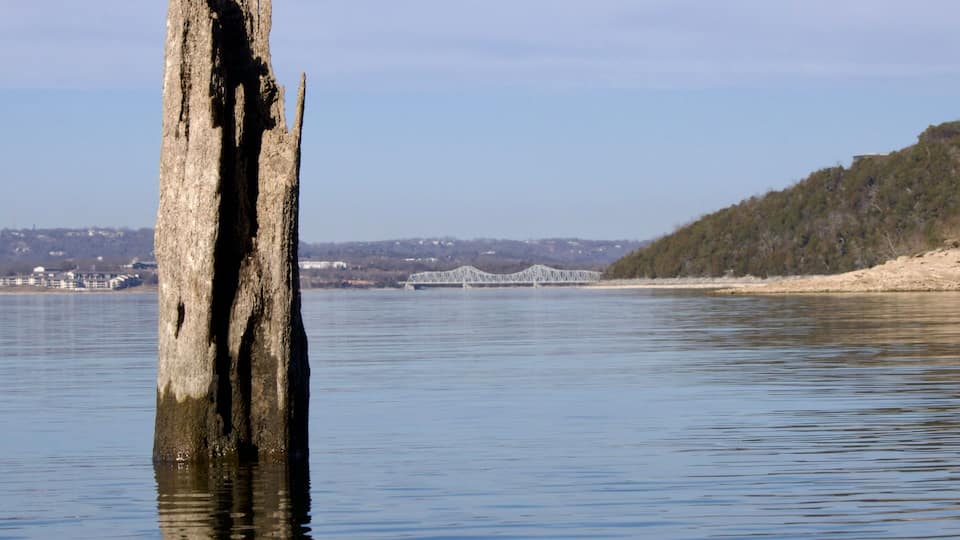 A large rock formation in the water with a bridge in the background.