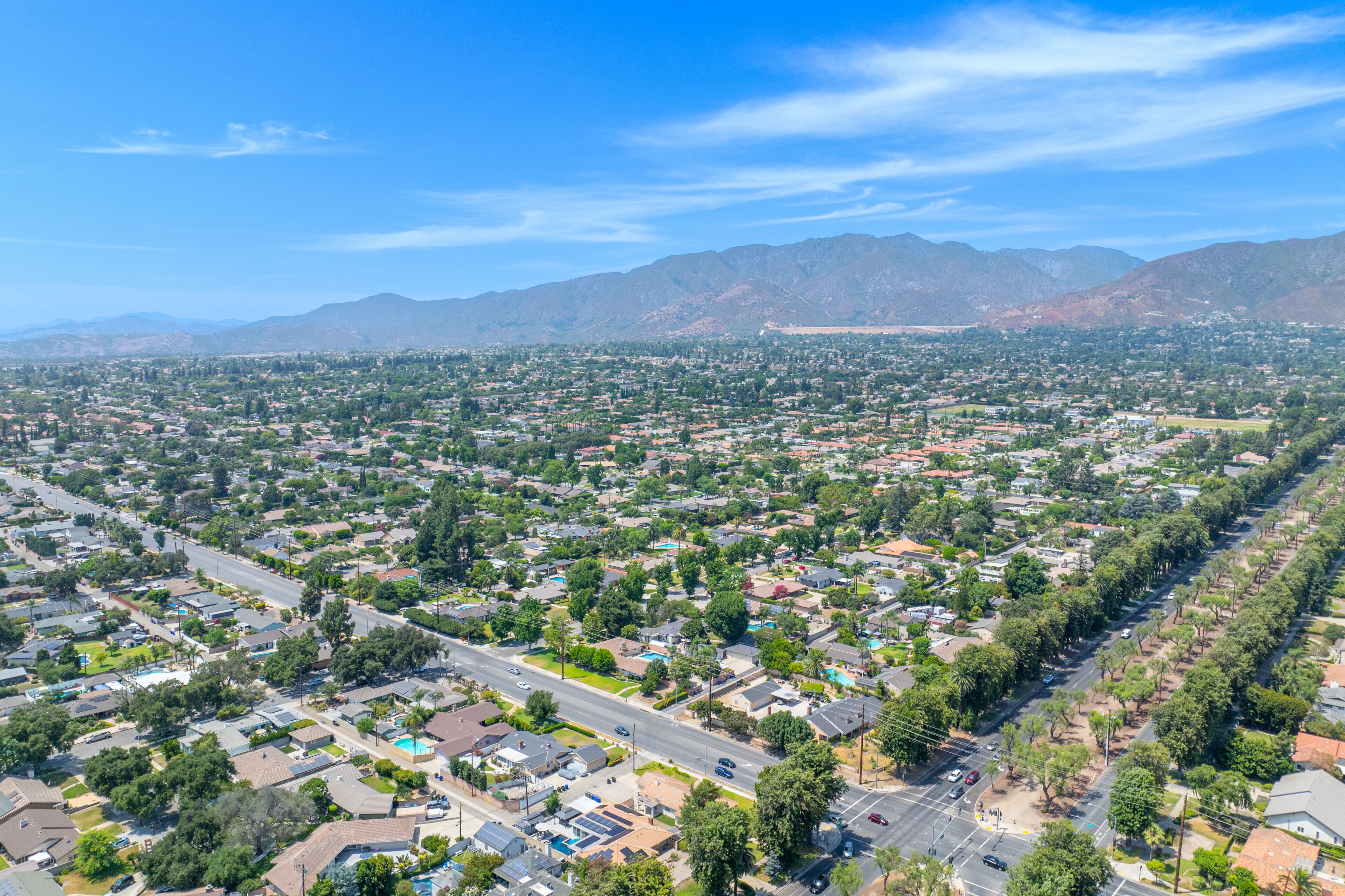 Aerial view of Upland city in San Bernardino County, California, on the border with neighboring Los Angeles County. 