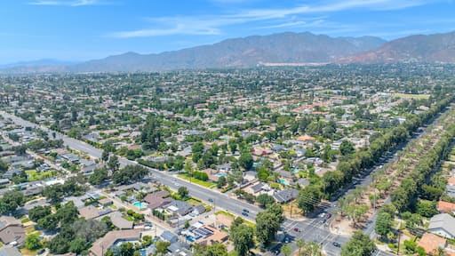 Aerial view of Upland city in San Bernardino County, California, on the border with neighboring Los Angeles County.