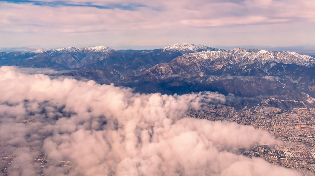 Aerial view of the San Gabriel Mountains outside of Los Angeles featuring Mt Baldy and Mt San Antonio's