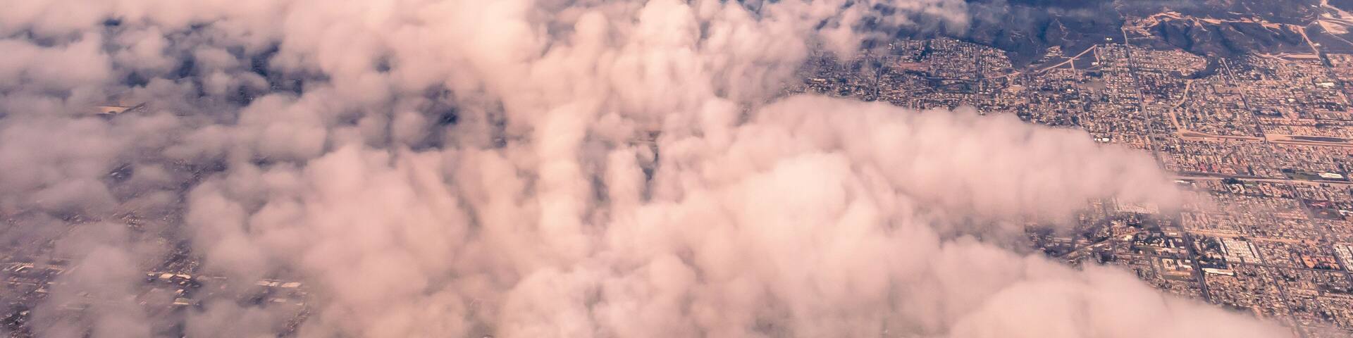 Aerial view of the San Gabriel Mountains outside of Los Angeles featuring Mt Baldy and Mt San Antonio's