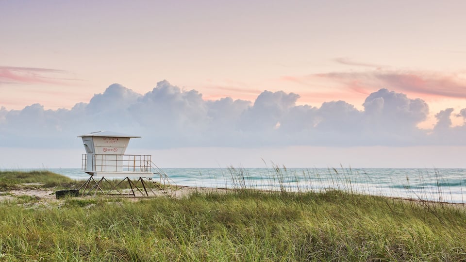 A lifeguard tower on a beach with grassy dunes and a cloudy sky.