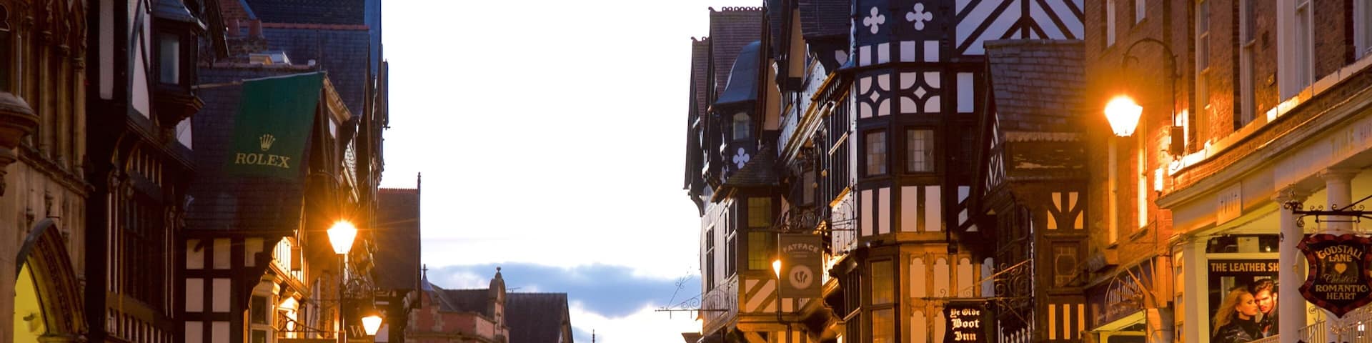 Chester featuring street scenes, a city and night scenes