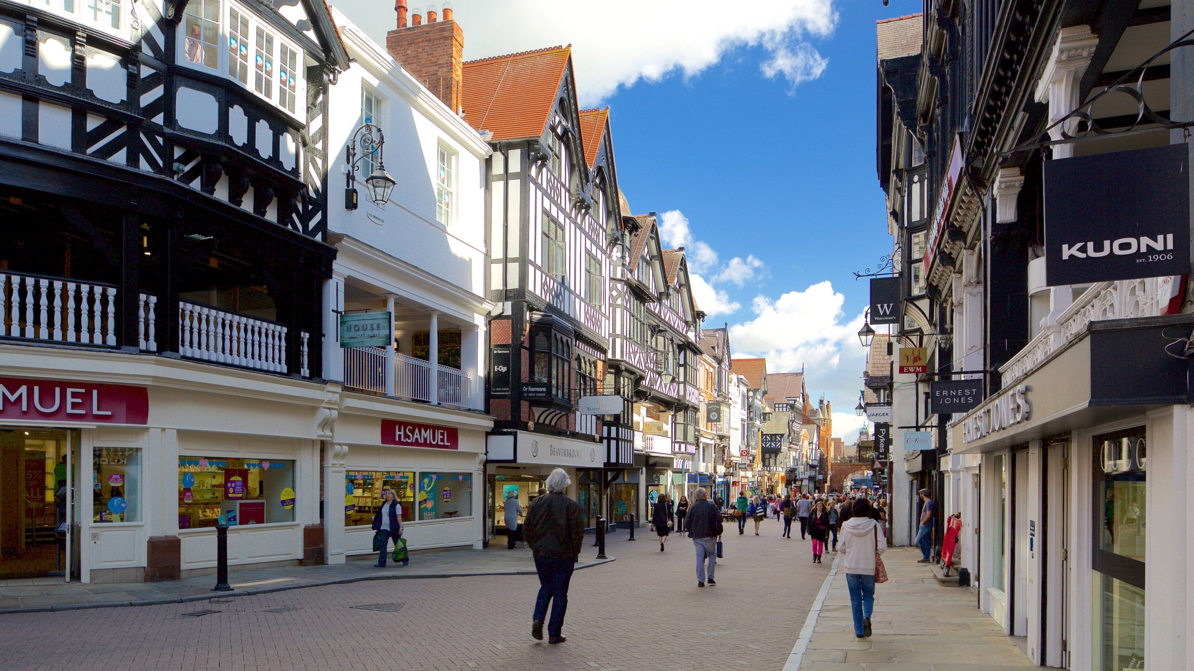 Chester showing street scenes, a city and signage
