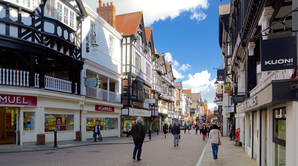 Chester showing street scenes, a city and signage