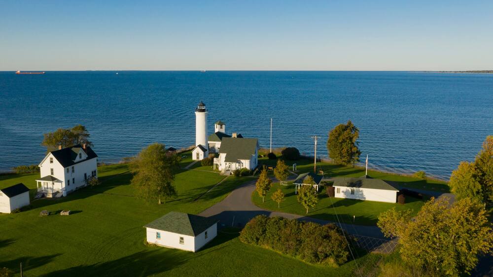Aerial View Tibbetts Point Lighthouse Shores of Lake Ontario in New York State