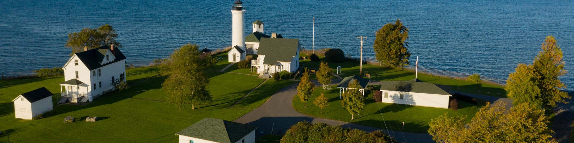 Aerial View Tibbetts Point Lighthouse Shores of Lake Ontario in New York State
