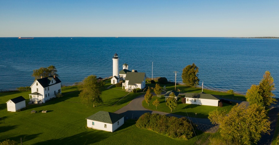 Aerial View Tibbetts Point Lighthouse Shores of Lake Ontario in New York State