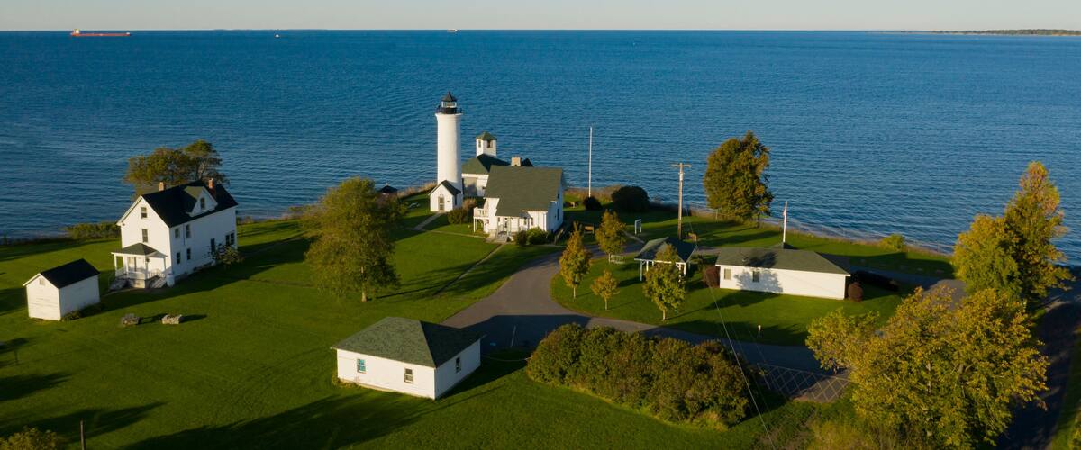 Aerial View Tibbetts Point Lighthouse Shores of Lake Ontario in New York State