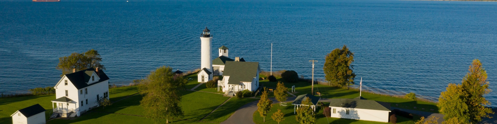 Aerial View Tibbetts Point Lighthouse Shores of Lake Ontario in New York State
