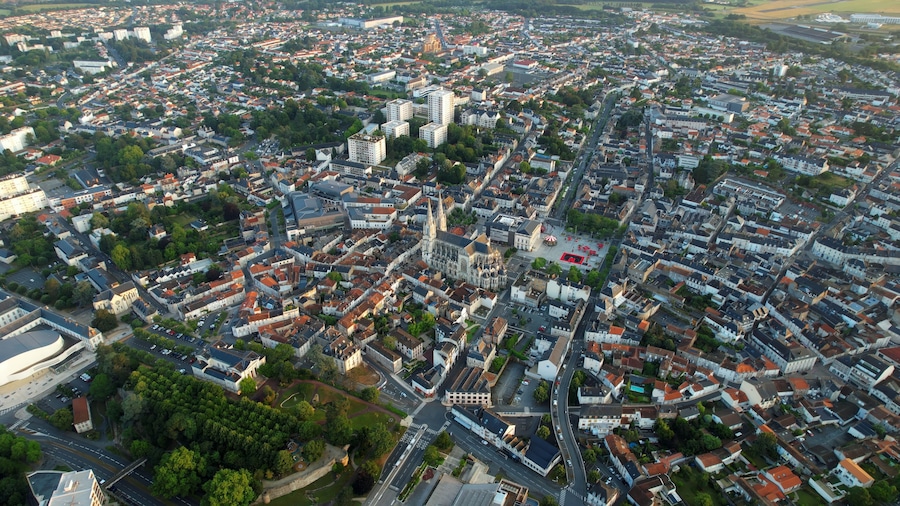 Aerial panorama view around the old town in the city Cholet in France, on a sunny summer morning