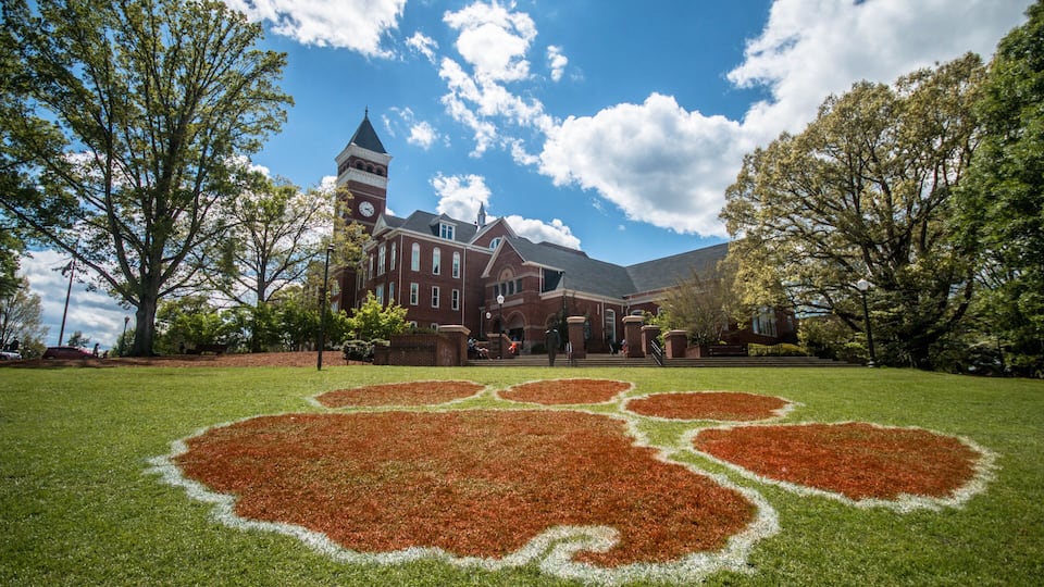 A historic building with a clock tower, surrounded by a well-maintained lawn with a paw print design.