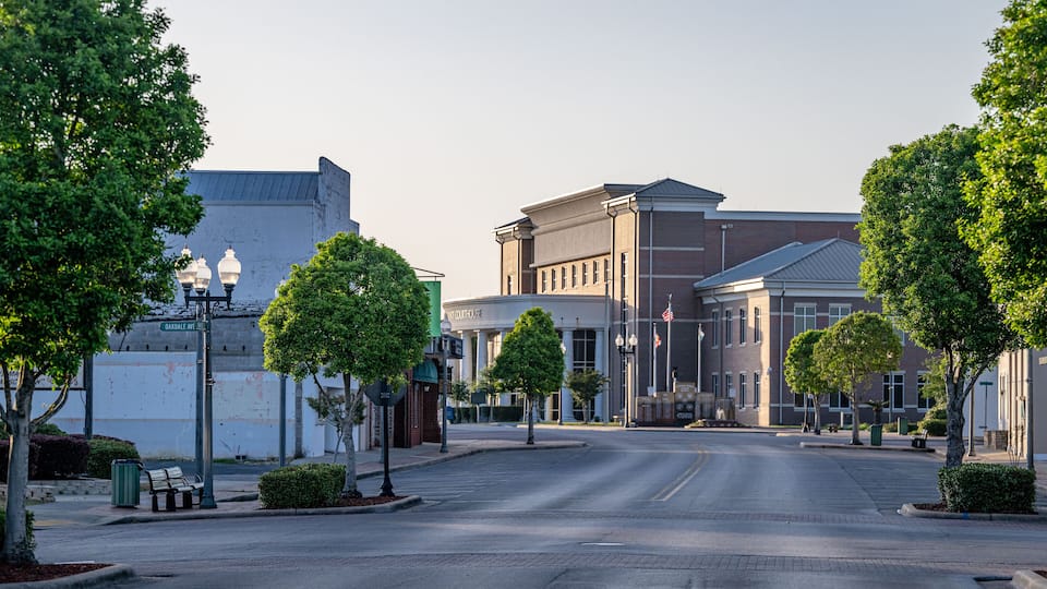 A quiet urban street with trees, benches, and buildings.