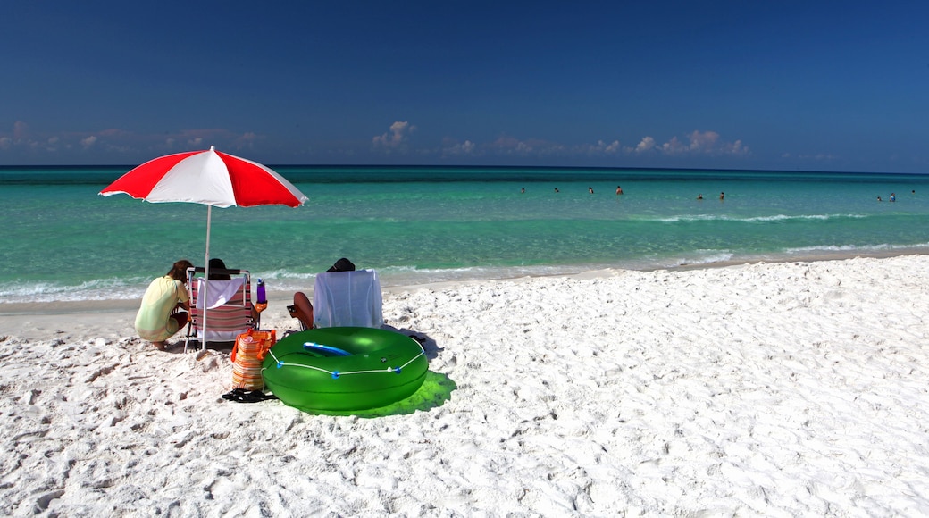 A family sits under an umbrella on a sandy beach in the Florida panhandle.