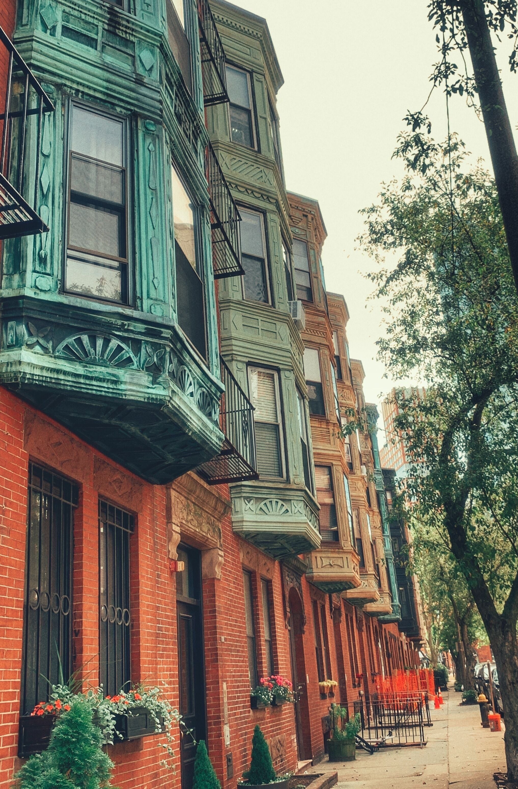 Uma fileira de edifícios históricos de tijolo com fachadas verdes e castanhas, janelas ornamentadas e uma rua arborizada.