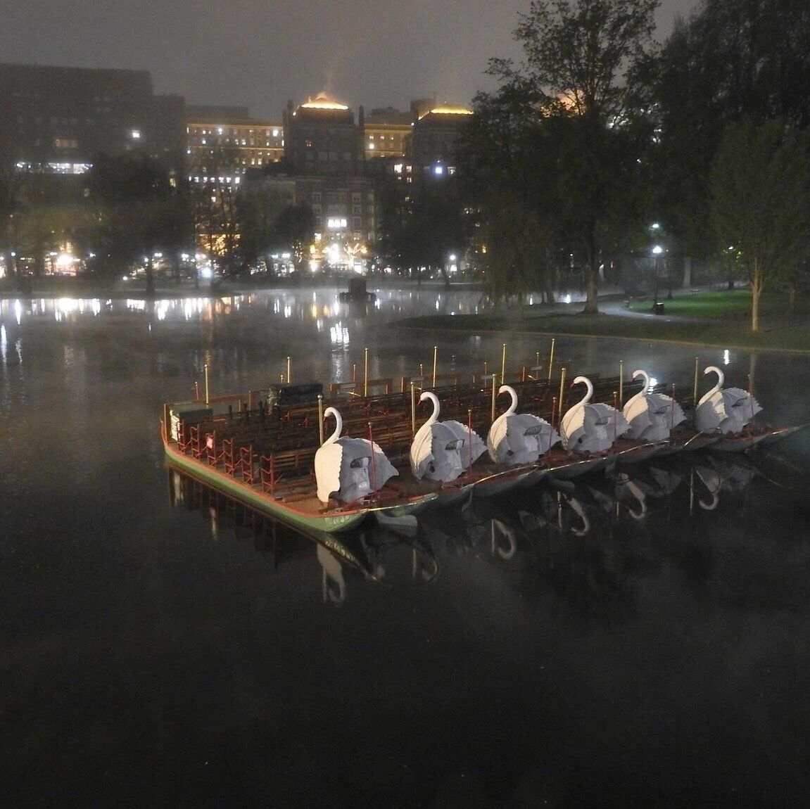 Boston after dark- the Swan Boats in the Public Garden on a particularly foggy night