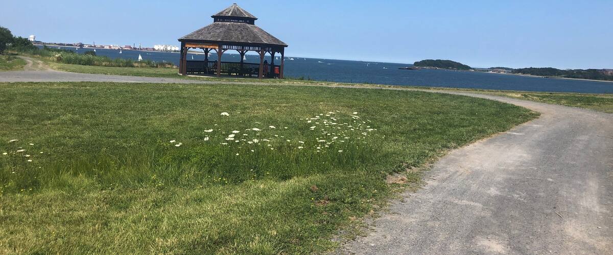 A gazebo by a coastal road with a clear blue sky.