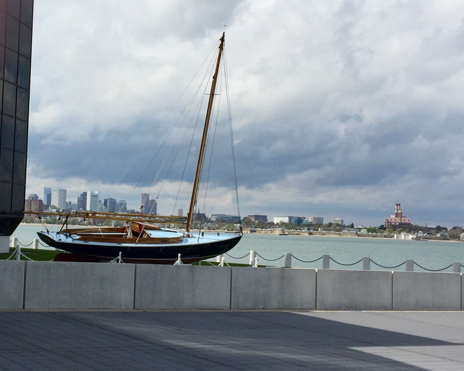 This is a sailboat favored by President John F. Kennedy, Victura.  In the background the City of Boston.    The pavilion, designed by IM Pei is wonderful and the sailboat resides in the summer right outside of it.  The Presidential Library and Museum helps remind me of how men and women served their country instead of their country serving them.