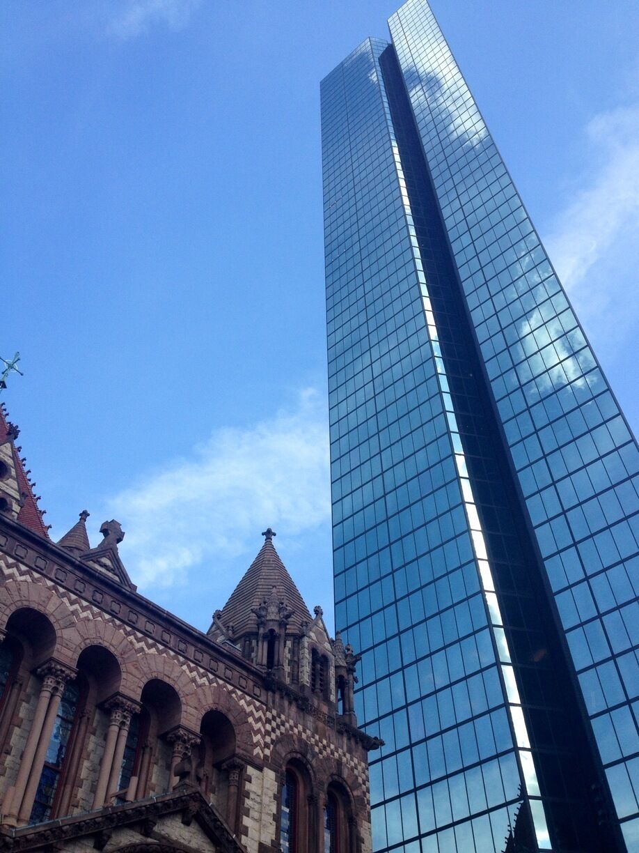 Stunning contrast between the architecture of Trinity Church and the Hancock tower.