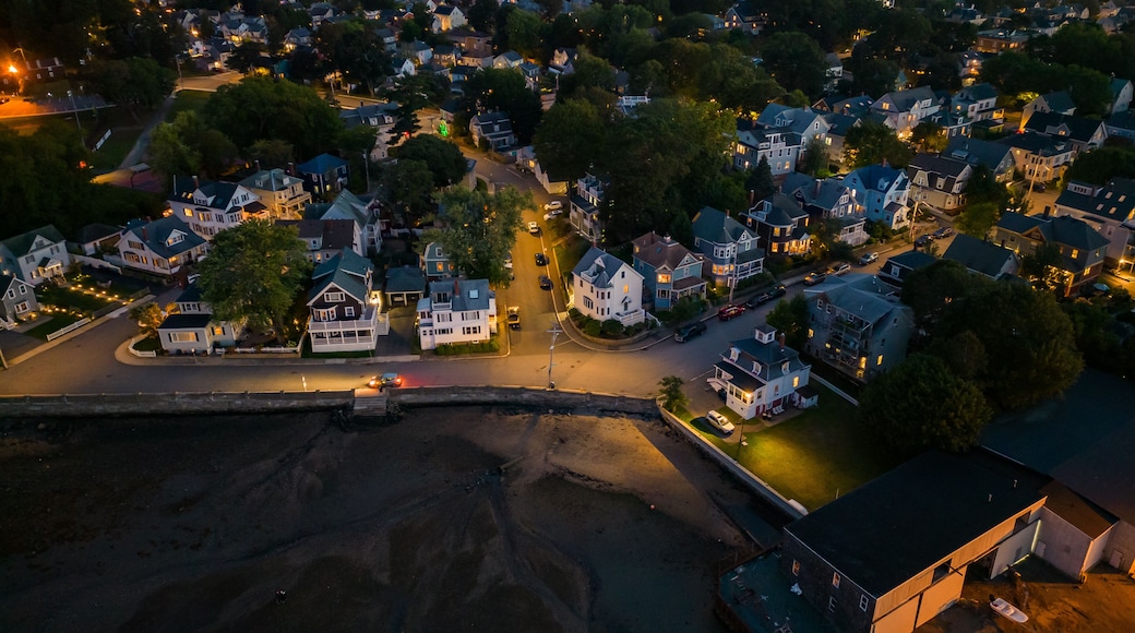 view of salem massachusetts at night from aerial drone