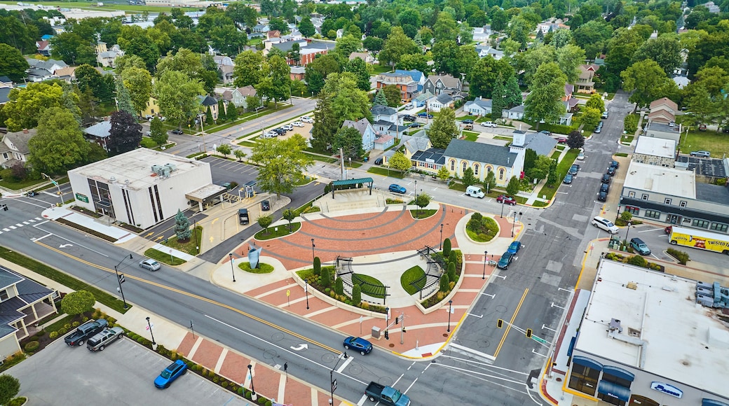 James Cultural Plaza aerial in Auburn with houses and church
