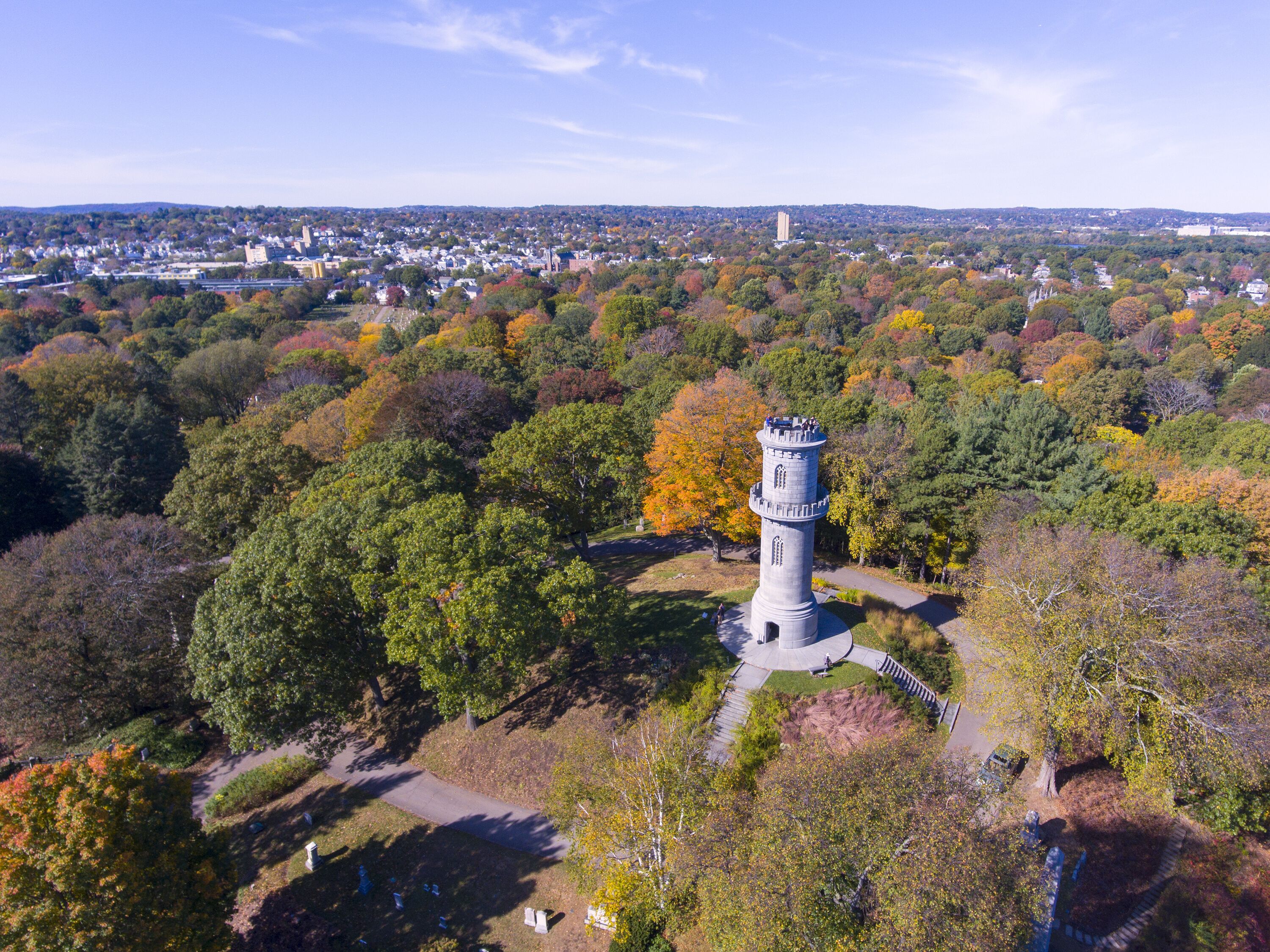 Washington Tower in Mount Auburn Cemetery in fall, Watertown, Greater Boston Area, Massachusetts, USA.